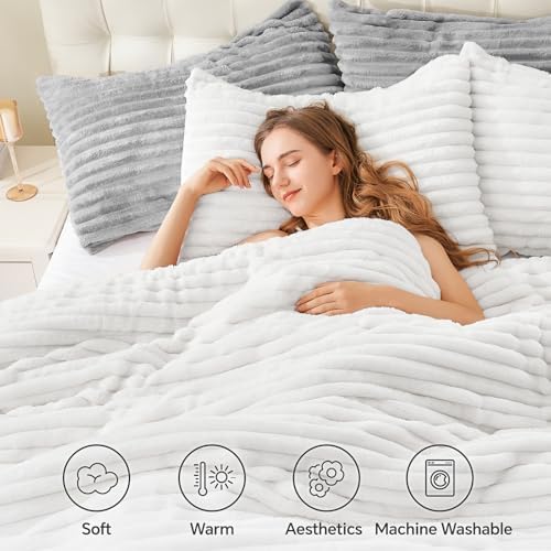 BEDELITE Fleece King Comforter Set, Fluffy Bed Set, Bright White