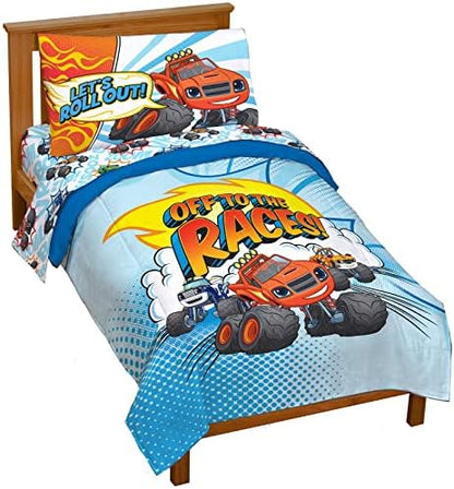 Jay Franco Blaze and the Monster Machines Off to The Races 4 Piece Toddler Size Bed Set – Super Soft Microfiber Bed Set Includes Size Comforter & Sheet Set (Official Blaze Product)