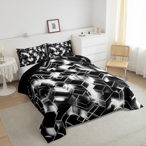 Feelyou Neon Grey Black Comforter Set for Kids Boys Girls Honeycomb Comforter Twin Size Hexagonal Bedding Set Bedroom Decor Modern Duvet Set Quilt Set 2Pcs