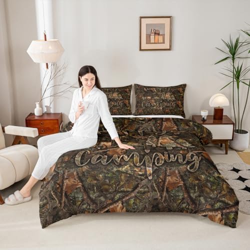Manfei Camo Camping Kids Comforter Set King Size,Camper Travel Bedding Set,Rustic Dead Branch Down Comforter,Brown Farmhouse Duvet Insert,3pcs,2 Pillowcases,Adults Home Bedroom/RV Trailer Decor