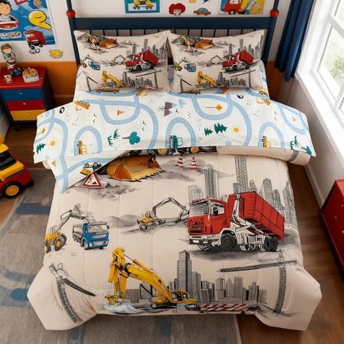 Holawakaka Boy Truck Excavator Twin Comforter Set with Sheets 5 Pieces