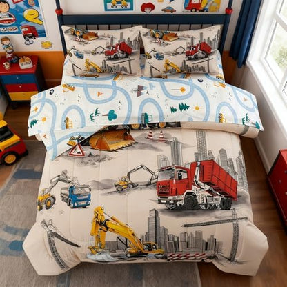 Holawakaka Boy Truck Excavator Twin Comforter Set with Sheets 5 Pieces