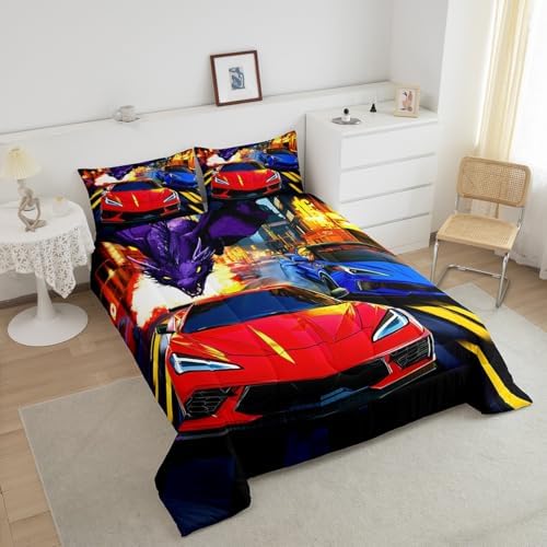 Feelyou Racing Car Bedding Set Queen Size Red Blue Racing Car Comforter Set for Kids Boys Teens Dinosaur Monster Duvet Set Fast and Furious Quilt Set 3Pcs