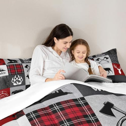 Deer Antler Bear Kids Comforter Set King Size,Plaids Boho Arrows Patchwork Bedding Set for Boys Girls Adults Room Decor,Rustic Adventure Camper Down Comforter,Red Xmas Duvet Insert,2 Pillowcases