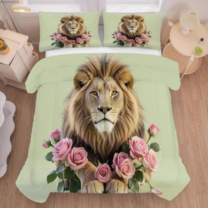 Rose Lions Bedding Set Twin Mint Green Comforter for Girls