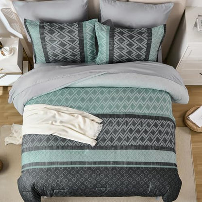 Boho Comforter Set Queen Size,Green and Grey Striped Bed in a Bag