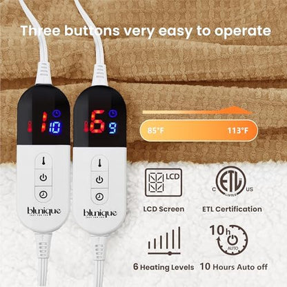 Heated Blanket Electric Blanket Queen Waffle, 84x90 Inches Dual Controllers Sherpa Fleece Fast Heating Blanket 6 Heating Levels & 10 Hours Auto Off ETL Certification, Caramel Queen