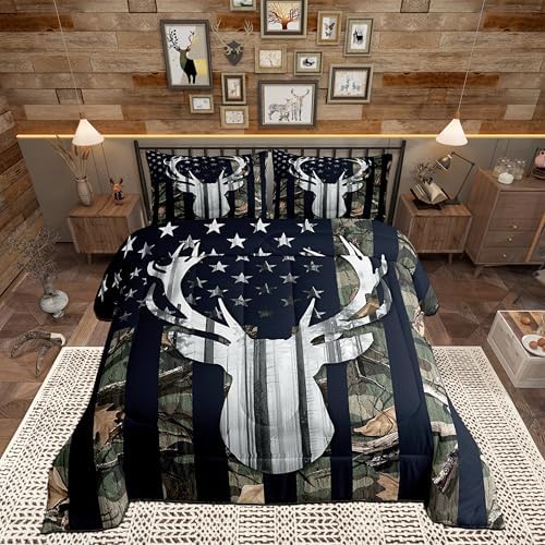 Wild Deer Antler Comforter Set Full Size,Deer Animal Rustic Green Camouflage Bedding Comforter for Boys Man,Western Farmhouse Camo Hunting Stars Stripes American Flag Bedding Set RV Inside Decor