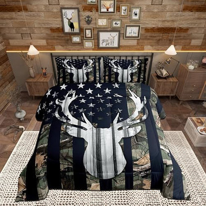 Wild Deer Antler Comforter Set Full Size,Deer Animal Rustic Green Camouflage Bedding Comforter for Boys Man,Western Farmhouse Camo Hunting Stars Stripes American Flag Bedding Set RV Inside Decor