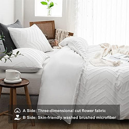 WARMDERN Boho Duvet Cover Full, Striped Textured White Tufted Bedding Set