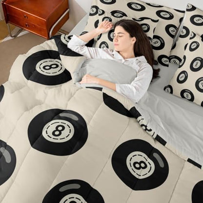 Fashion Lucky 8 Ball Comforter Set Full Size 7 Piece Bedding Set For Girls Room Decor,Y2K Trendy Lucky 8 Ball Down Bed In A Bag For Kids Teen Adults,Funky Aesthetic Preppy Bed Set,Beige Black