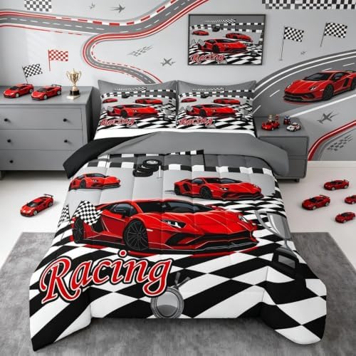 Feelyou Boys Sports Car Comforter Set Queen Size Red Speed Race Car Bedding Set for Kids Boys Girls Racing Extreme Sports Duvet Quilt Automobile Bedroom Decor Microfiber 3 Pcs with 2 Pillow Cases