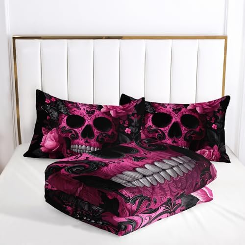 Skull Comforter Full Size,Skull Kids Comforter Set,3Pcs Bedding Set Printed Comforter with 2 Pillowcases,Down Alternative,Soft and Lightweight,for All Seasons