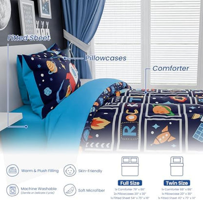 SANDJEST Space Bedding Twin for Boys, Ultra Soft Microfiber Comforter Bed Set with 3-Pieces, Rocket Comforters Sets for Kids Children Teen Tween Bedroom Decor