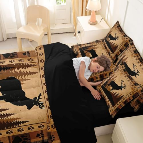 Erosebridal Plaid Deer Bed in A Bag 7 Pcs Vintage Rustic Wildlife Comforter Set for Women Men Animal Bear Paw Hunting Bedding Sets King Countryside Forest Cabin Sheet Set with Comforter