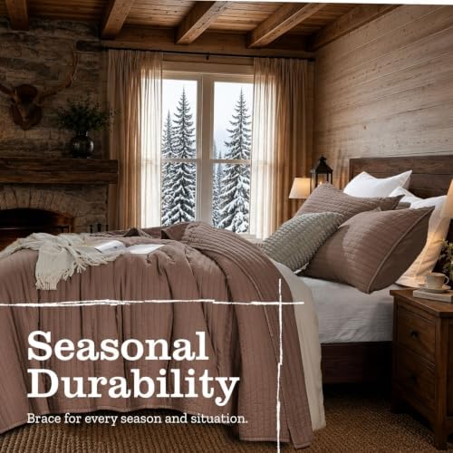 DOWN HOME Twin Quilt Bedding Set with Sham, Vintage Washed Quilted Blanket Thin Comforter Lightweight Bedspread Coverlet Bed Cover, Brushed Microfiber Stripe Stitching, Washed Terra, 66"x92"