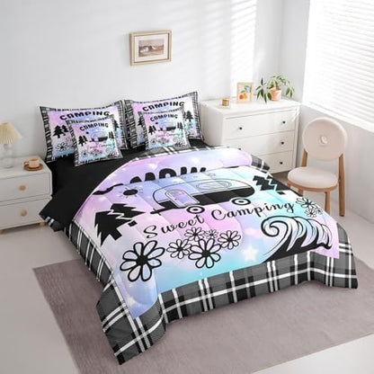 Erosebridal Happy Camping 7 Pcs Comforter Set Twin,Camper Accessories Bedding Set for Kids Boys Teens,Ultra Soft Black Sketch Drawing Bed in a Bag,Retro Farmhouse Travel Car Quilted Comforter