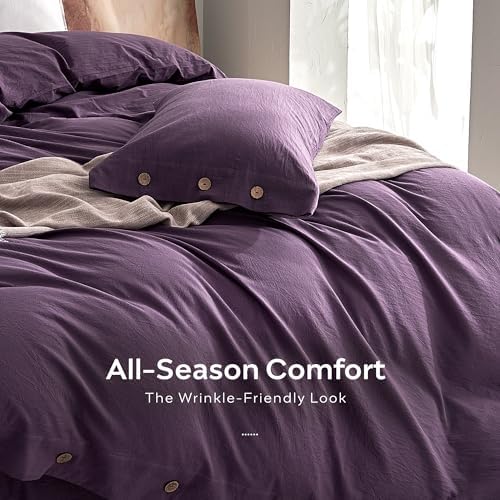 JELLYMONI 100% Washed Cotton Iris Purple Duvet Cover Full, Linen-Like