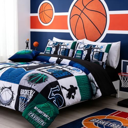 Aimuan Basketball Bedding Set for Boys Kids Teens, Soft Green and Blue Sports Geometric Grid Patchwork Theme Basketball Bedding Sets Full Size, Blue-Green