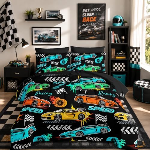 HOSIMA 7Pcs Black Cartoon Sports Race Car Queen Comforter Set with Sheets.