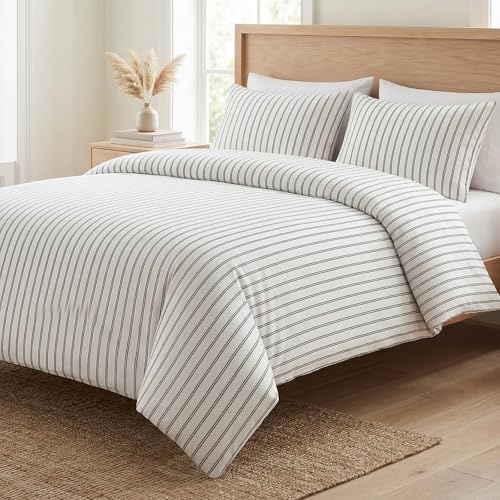 Bedbay Cotton Striped Duvet Cover Set Queen Size, Black White Stripe Bedding Set, 100% Cotton Sateen,Soft Breathable Hotel Style Minimal Comforter Cover with Zipper Closure & Corner Ties