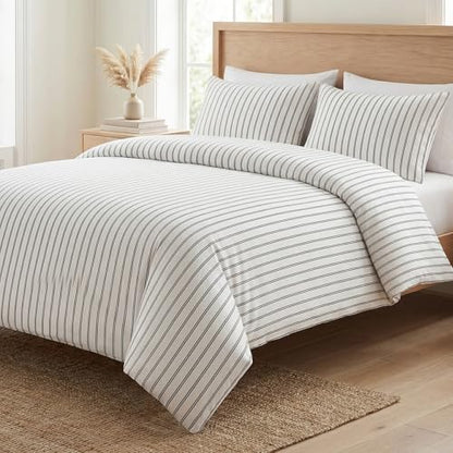 Bedbay Cotton Striped Duvet Cover Set Queen Size, Black White Stripe Bedding Set, 100% Cotton Sateen,Soft Breathable Hotel Style Minimal Comforter Cover with Zipper Closure & Corner Ties