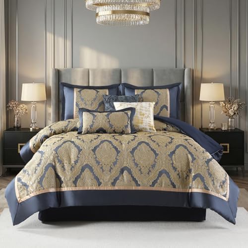 Bedduvit Luxury 7 Piece King Comforter Set - Vintage Damask Jacquard Design Bed in Bag King, All Season Navy Blue and Gold Down Alternative Thick Bedding Set with Bed Skirt, Decorative Pillows, Shams