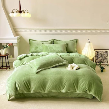 Luxlovery Sage Green Velvet Comforter Queen Set - Light Green Plush Fluffy Bedding with Green Flannel Blanket & Sherpa Micromink Quilt for Women & Men