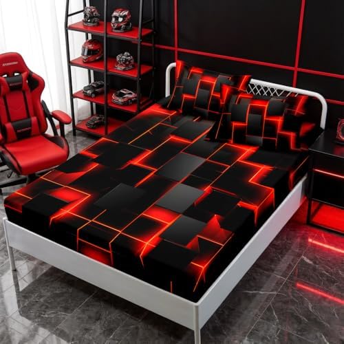 HOSIMA Red Black Geometric Bedding Sets Full,1 Fitted Sheet+2 Pillowcases.
