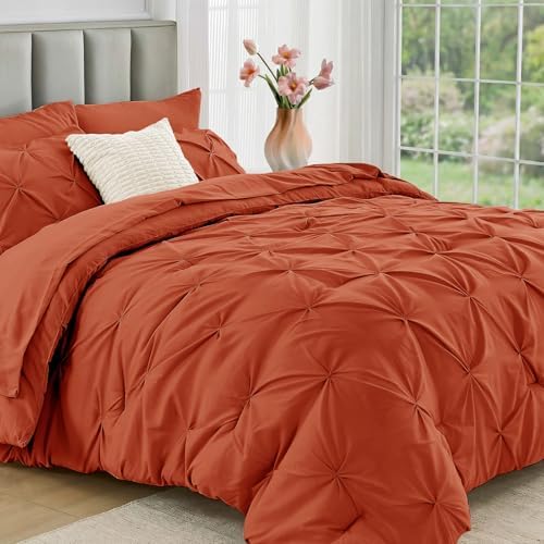 JOLLYVOGUE California King Comforter Set 7 Pieces - Bed in a Bag Cal King for All Season, Pintuck Bedding Comforter Sets with Comforter, Flat Sheet, Fitted Sheet and Pillowcases & Shams, Burnt Orange