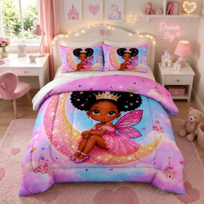 Black Girl Fairy Comforter Set King Size with 2 Pillowcases.