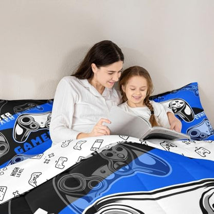 Erosebridal king Gamer Comforter Sets for Boys&Girls ,Gaming Boys 3 Pcs Bed in A Bag Video Game Bedding -All Season Microfiber Kids,with 2 Pillowcases 1 Blue Black