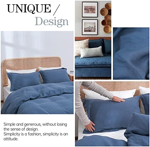 Simple&Opulence 100% Linen Duvet Cover Set 3pcs Basic Style Natural French Washed Flax Solid Color Soft Breathable Farmhouse Bedding with Button Closure - Classic Blue, Queen