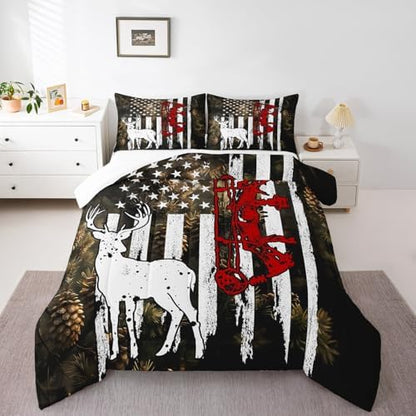 Manfei Deer Comforter Set Full Size, Wildlife Elk Hunting Theme Bedding Set 3pcs for Kids Boys Teens Bedroom Decor, American Flag Deer Quilt Set Wild Animal Duvet Set with 2 Pillowcases