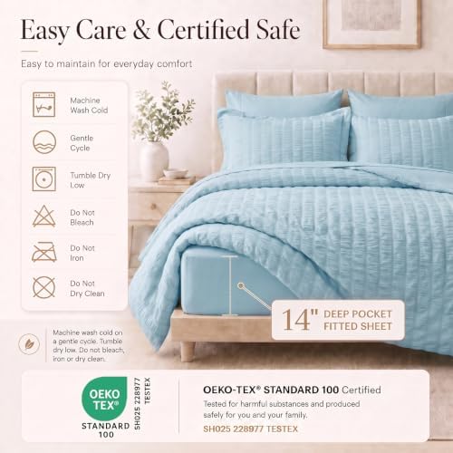 CozyLux Oversized Queen Seersucker Comforter Set, Light Blue, 98 x 98 in