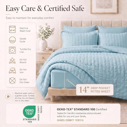 CozyLux Oversized King Comforter Set 120x98, 7-Piece Light Blue Seersucker