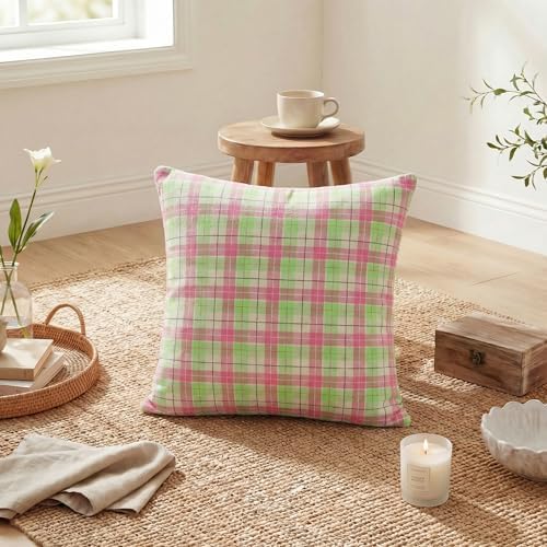 AVOIN colorlife Spring Summer Green Pink Plaid Decorative Throw Pillow Covers, 18 x 18 Inch Holiday Scottish Tartan Cushion Case Farmhouse Decoration for Sofa Couch Set of 2