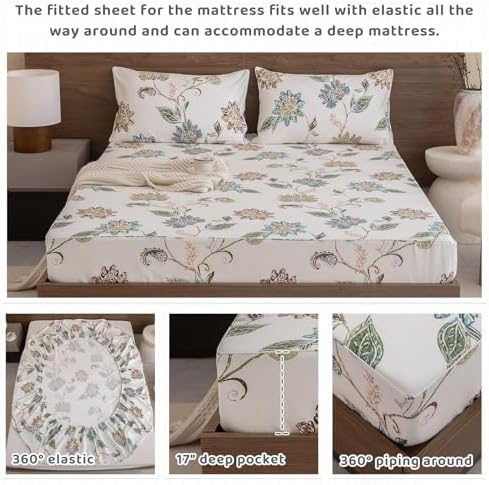 QSH Floral Bed Sheets Queen Size - 100% Egyptian Cotton Sheets Elegant Botanical Leaves Flower Pattern Printed Bedding Sheets Queen Size Bed Extra Soft and Breathable 4pcs Deep Pockets Bed Sheets