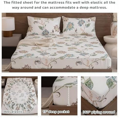 QSH Floral Bed Sheets Queen Size - 100% Egyptian Cotton Sheets Elegant Botanical Leaves Flower Pattern Printed Bedding Sheets Queen Size Bed Extra Soft and Breathable 4pcs Deep Pockets Bed Sheets