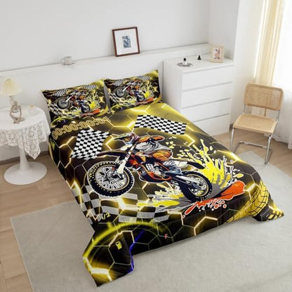 Racing Motorcycle Comforter Set Queen Yellow Neon Lights Honeycomb Bedding Set Dirt Bike Motocross Quilt Glitter Geometric Hexagon Beehive Duvet Insert,Black White Grid Lattice Buffalo Plaid Decor