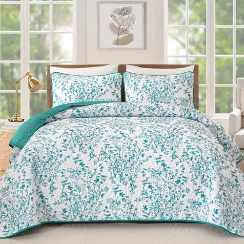 WONGS BEDDING Botanical Quilts Queen Size, Bedspread Set, Blue Green