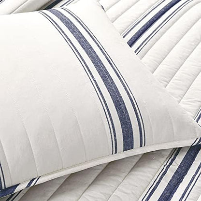 Lush Decor Farmhouse Stripe Reversible Cotton Quilt Queen Size 3 Piece Set Full/Queen Navy - Farmhouse Bedding Set Queen Quilt - Striped Bedding
