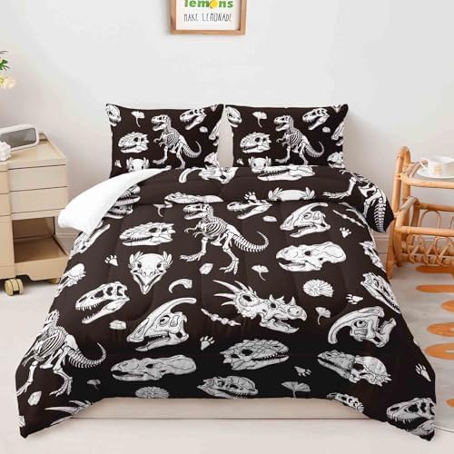 AILONEN Boys Fossil Dinosaurs Skull Comforter Set Twin Size, Dinosaur Bedding Set for Kids Teens,Ancient Animal Wildlife Quilt with 2 Pillowcases,Soft Microfiber