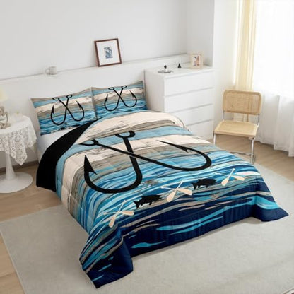 Feelyou Fishing Hook Bedding Set Twin Size, Kids Toddler Lake House Comforter Set Boys Girls Rustic Farmhouse Bedding Set Nautical Duvet Insert Bed Set 2Pcs