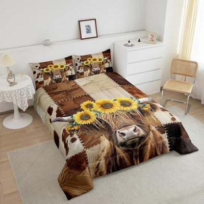 Highland Cow Comforter Set Queen Size,Brown Cow Fur Print Bedding Set 3Pcs for Kids Girls Boys Adult Room Decor,Sunflower Botanical Quilt Set Rustic Farm Animals Duvet Insert,2 Pillowcases