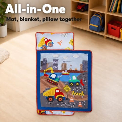 EVERYDAY KIDS Toddler Nap Mat with Removable Pillow -Under Construction- Carry Handle with Fastening Straps Closure, Rollup Design, Soft Microfiber for Preschool, Daycare, Sleeping Bag -Ages 2-6 years