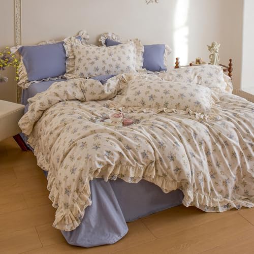 Full Duvet Cover Set 100% Cotton Vintage Floral Duvet Cover with Romantic Ruffle Lace, Breathable Soft Floral Cottagecore Comforter Cover, Aesthetic Botanical Flower Princess Lace Bedding Set Full