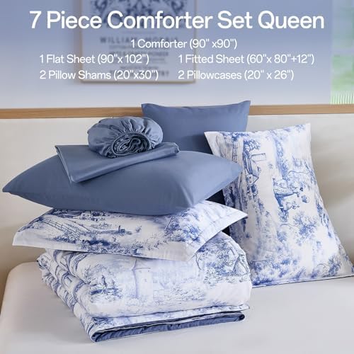 WONGS BEDDING Blue Queen Comforter Set, 7 Pieces Bed in a Bag French Toile Comforter with Sheets, Soft Lightweight Microfiber Botanical Complete Queen Size Bedding Set for All Season