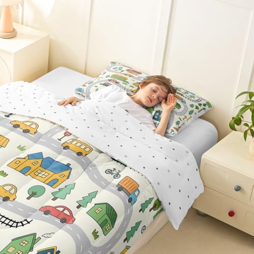 Erosebridal Cartoon City Car Bedding Set Full Cute Bicycle Train Comforter Set for Kids Boys Girls Multicolor Cityscape Down Comforter Transportation Road & Railway Quilt Duvet