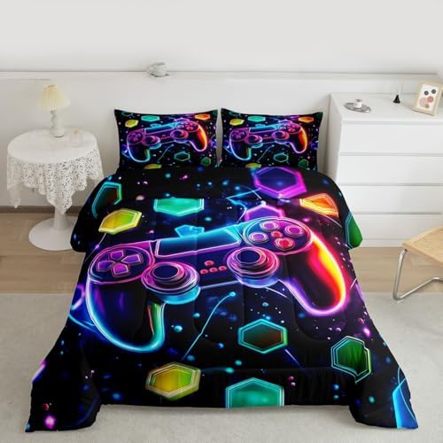 Castle Fairy Boys Gaming Reversible Comforter Set Queen Size,Video Games Gamepad Print Bedding Set Gamer Room Decor,Space Galaxy Glow Neon Hexagon Polyester Duvet Set with 2 Pillowcases (Purple Blue)